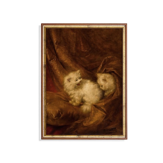 Two White Kittens Playing Vintage Cat Painting Antique Pet Poster
