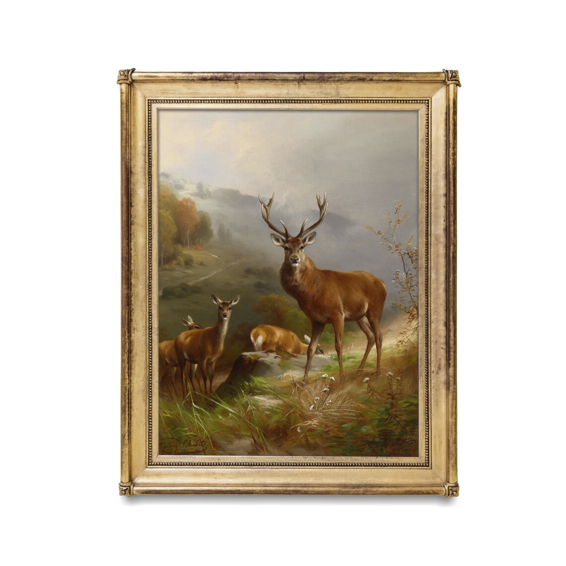 Red Deer Stag and Hinds in Highland Meadow Vintage Animal Poster - Image 3
