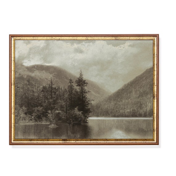 Vintage Lake Sketch Antique Landscape Drawing Print Rustic Living Room Wall Decor Minimalist Wall Art