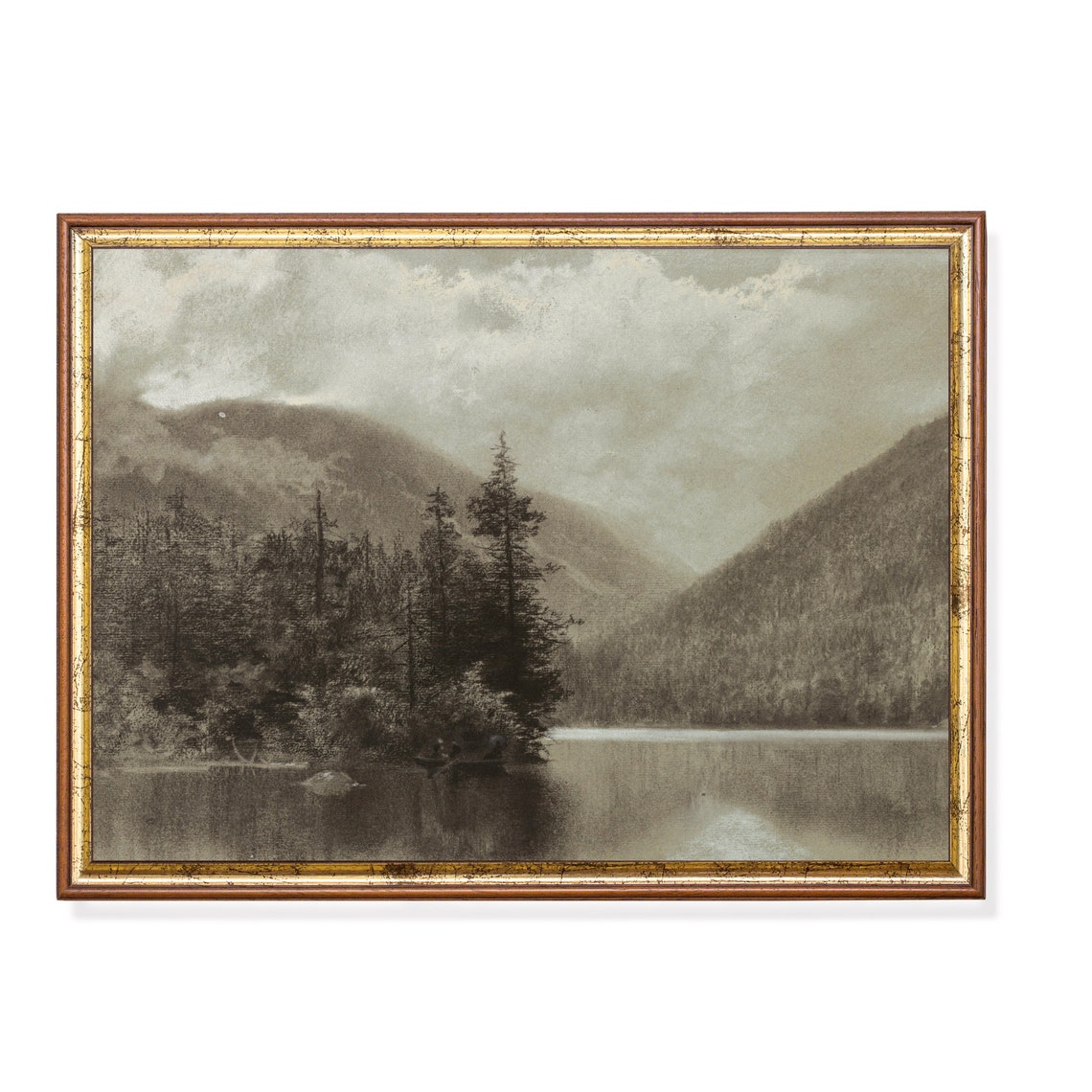 Misty Sepia Lake Pines Canoe Vintage Nature Landscape Sketch Poster