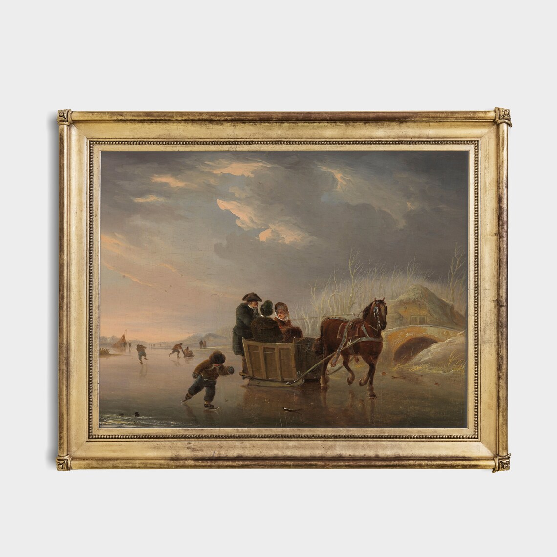 Horse-Drawn Sleigh on a Frozen Canal at Dusk Winter Painting Poster - Image 2