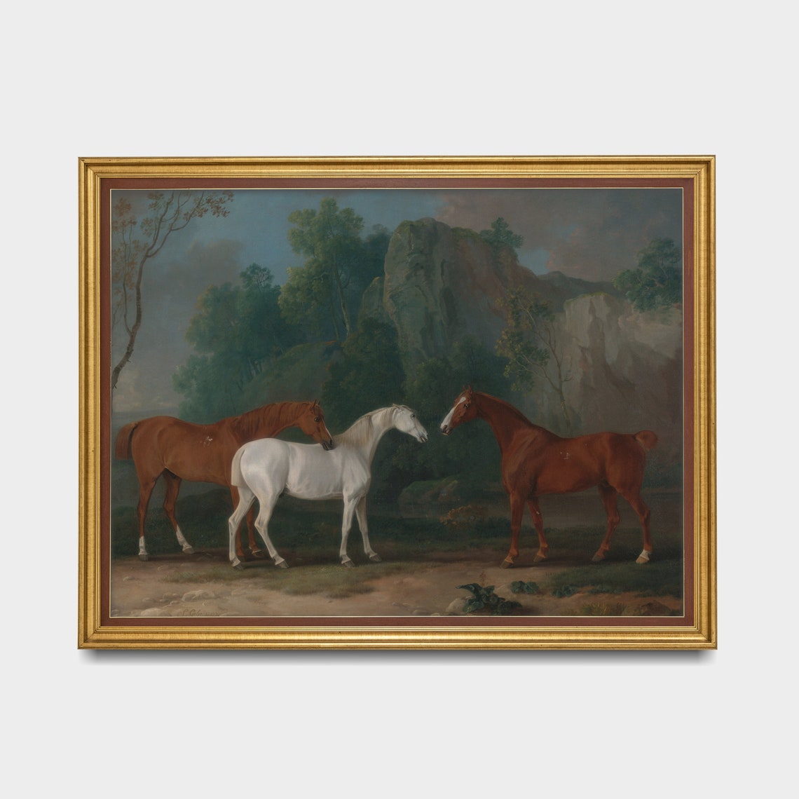 Two Chestnut Horses and a White Horse by the Rocks Painting Poster - Image 3
