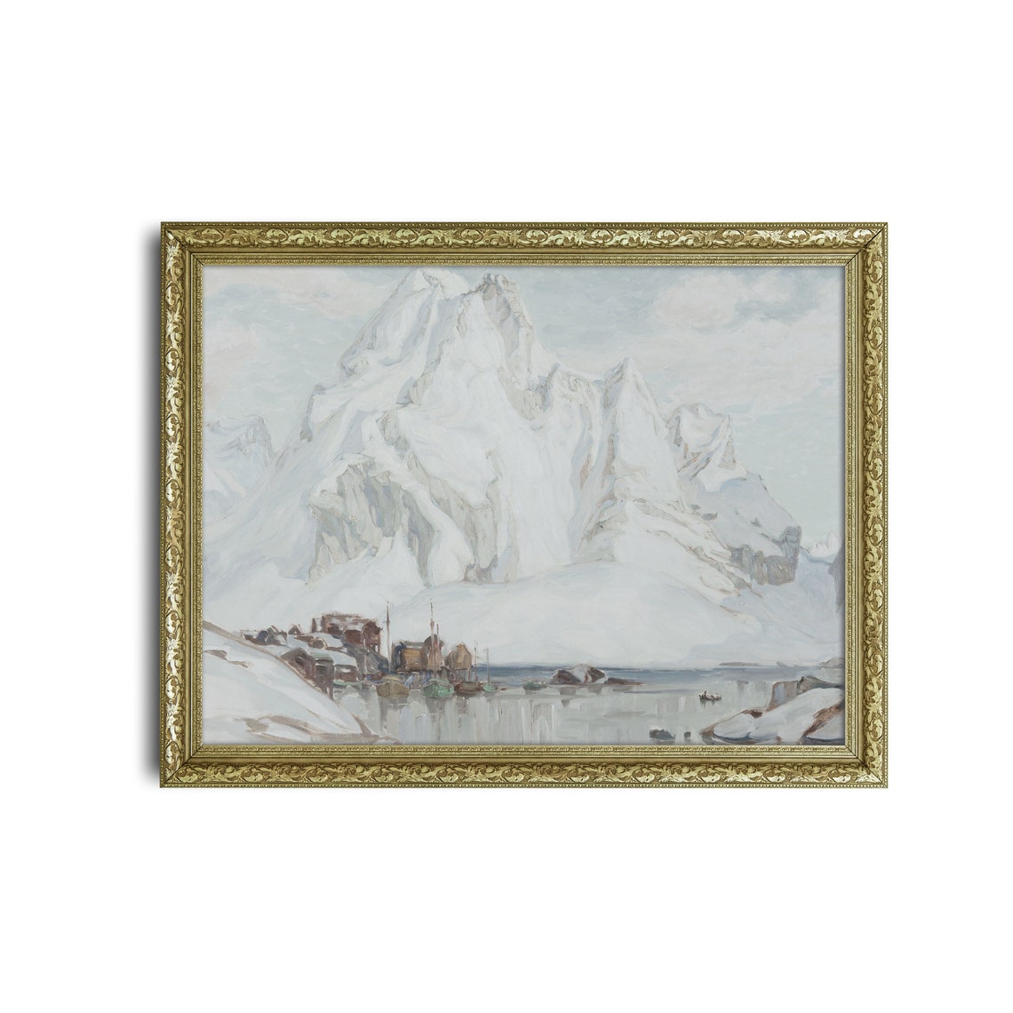 Snowy Mountain Above Village Harbor Winter Landscape Scene Poster - Image 2