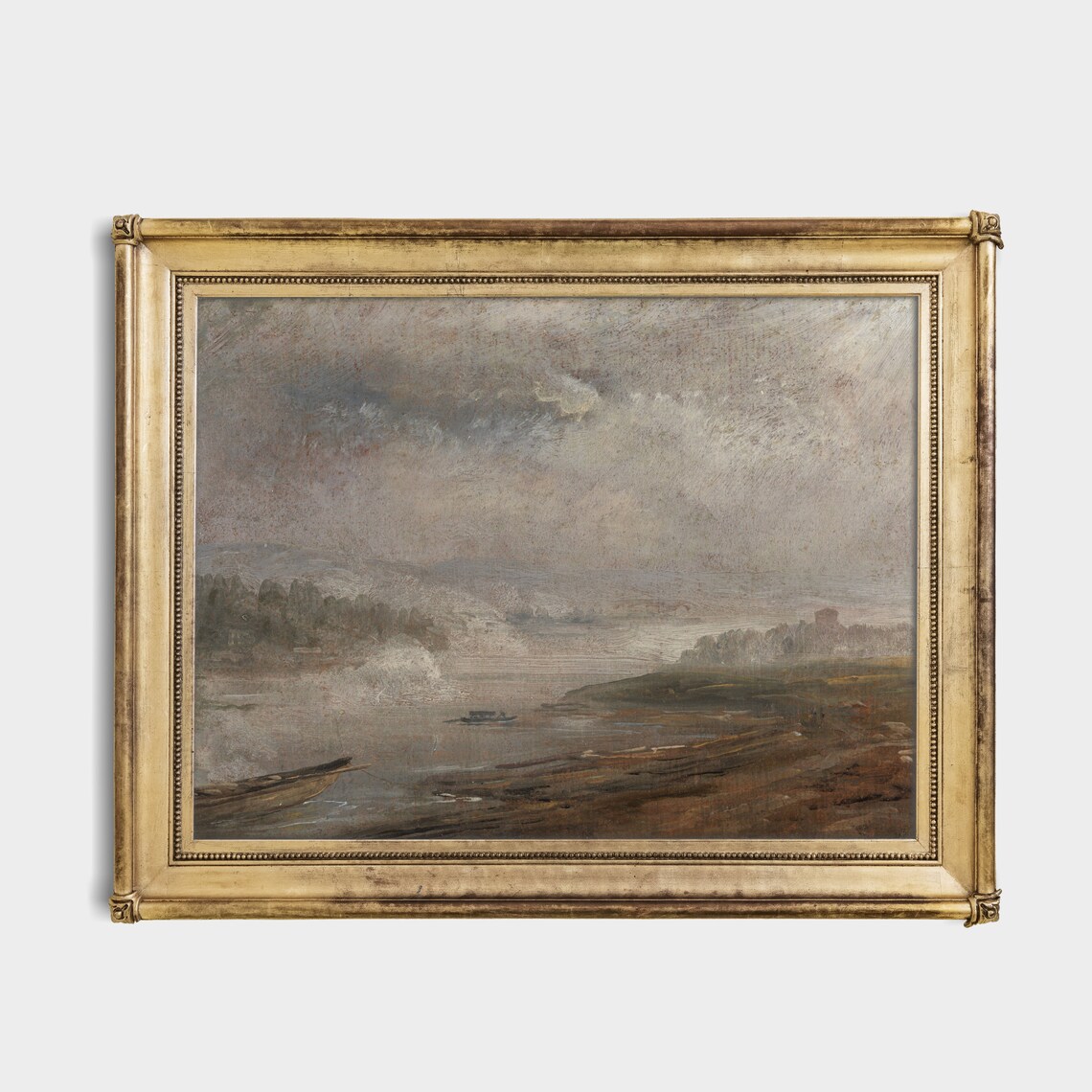 Misty River Boats Moody Antique Countryside Landscape Painting Poster - Image 2