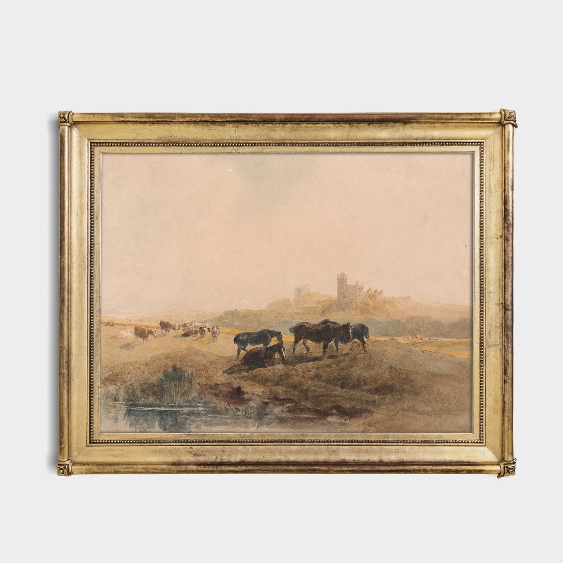 Horses Resting in a Meadow Below a Castle Ruin Antique Poster - Image 2
