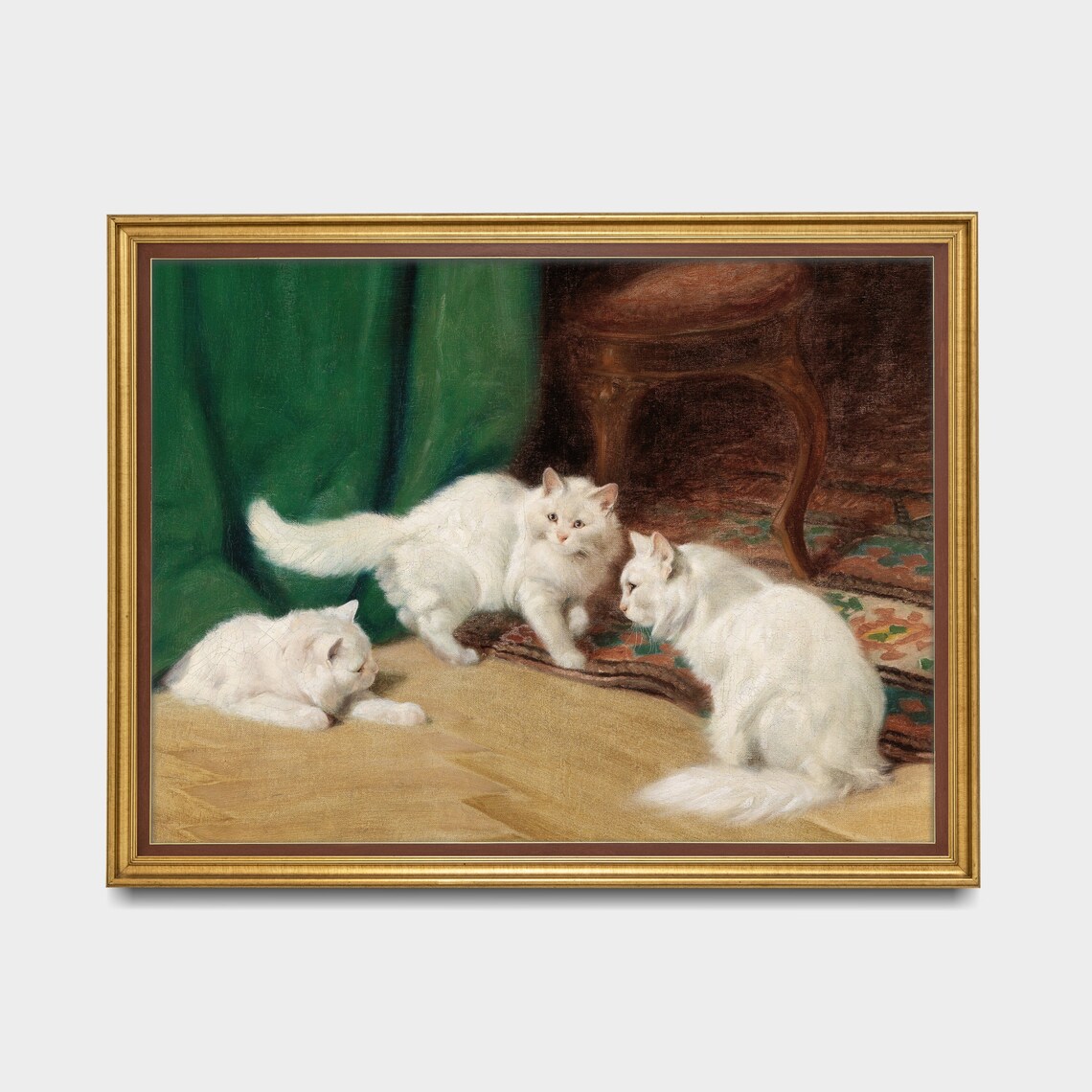 Three White Longhair Cats Playing Indoors Vintage Oil Poster - Image 5