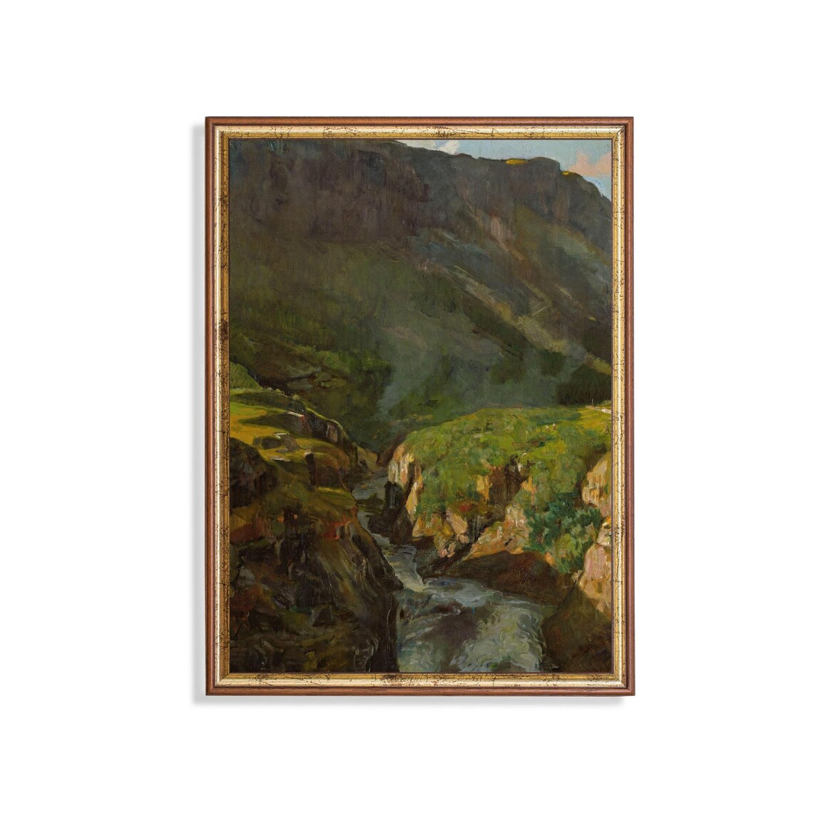 Mountain Ravine Stream Moody Vintage Green Landscape Art Poster