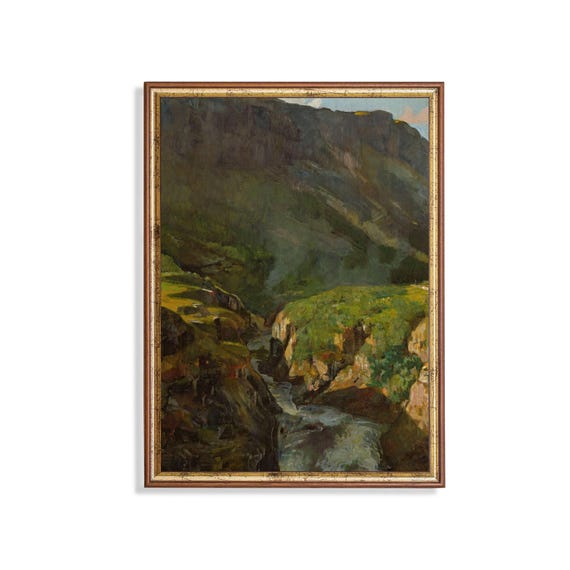 Mailed Print Riverscape Painting Vintage Wall Art Antique Landscape Print Moody Rustic Art Farmhouse Decor Printed And Shipped