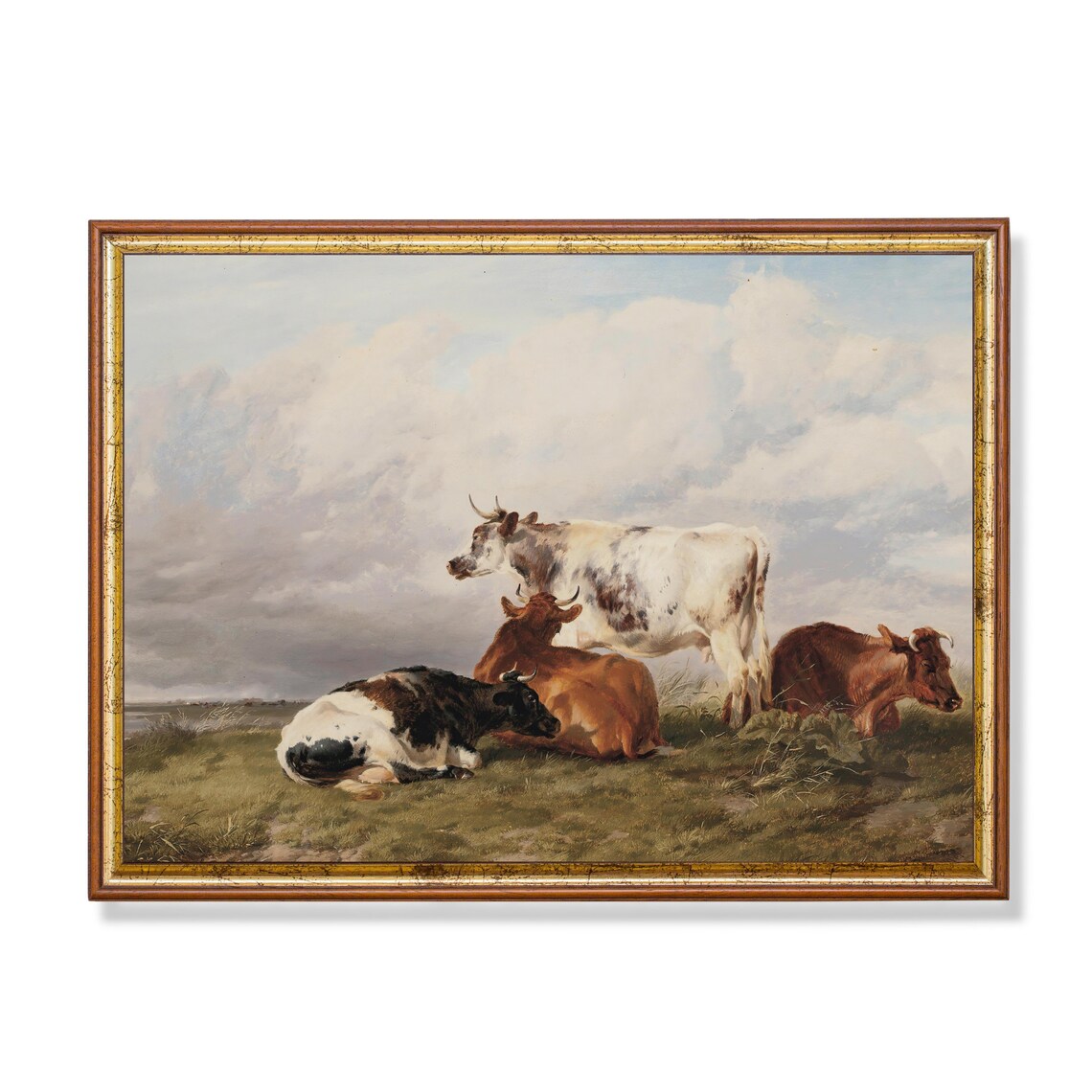 Vintage Country Landscape With Cows, Farmhouse Art Print
