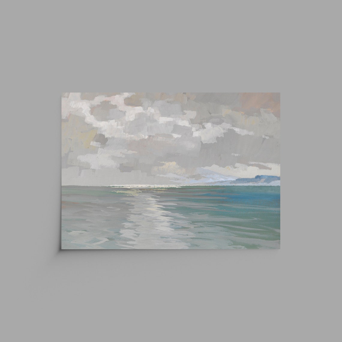Muted Abstract Seascape with Grey Clouds and Teal Ocean Waves Poster - Image 2