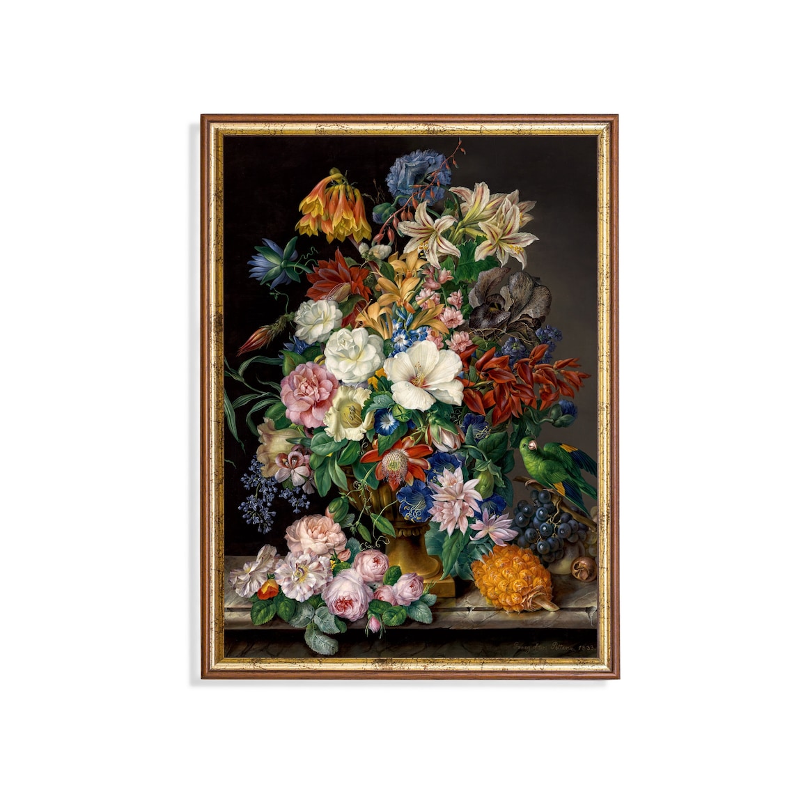 Elaborate Bouquet With a Green Parrot Dutch Floral Still Life Poster