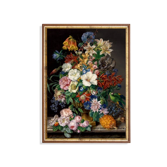 Vintage Still Life With Flowers Antique Floral Painting Rustic Moody Print Wall Art Farmhouse Decor