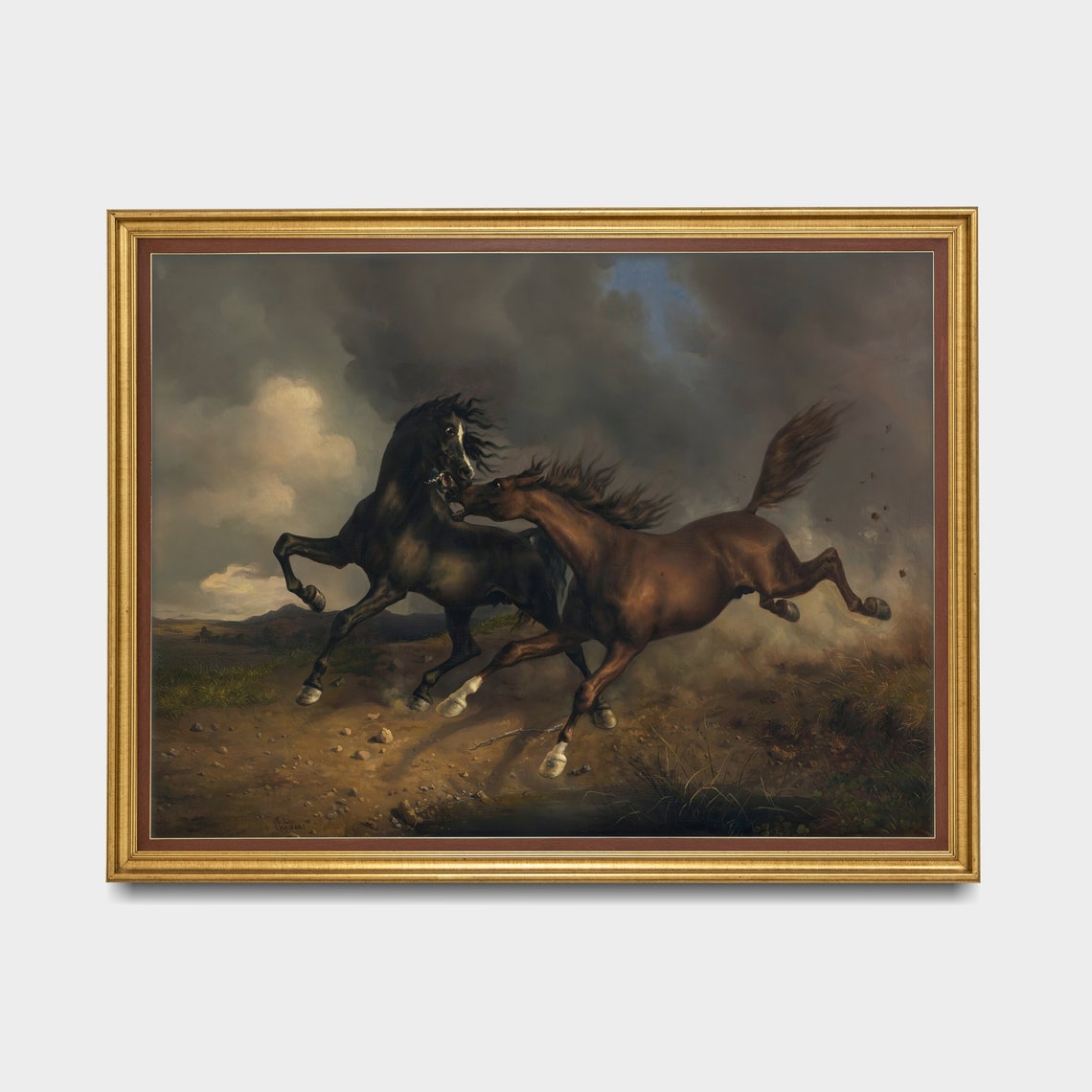 Two Wild Horses Galloping Beneath Storm Clouds Equestrian Poster - Image 2
