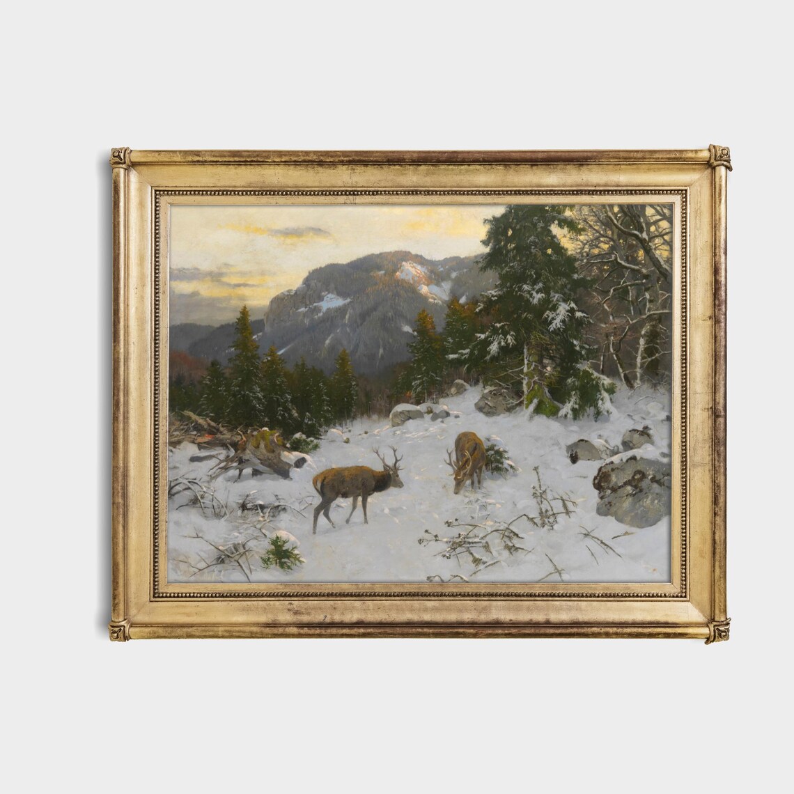 Two Stags in a Snowy Mountain Forest Vintage Winter Wildlife Poster - Image 4