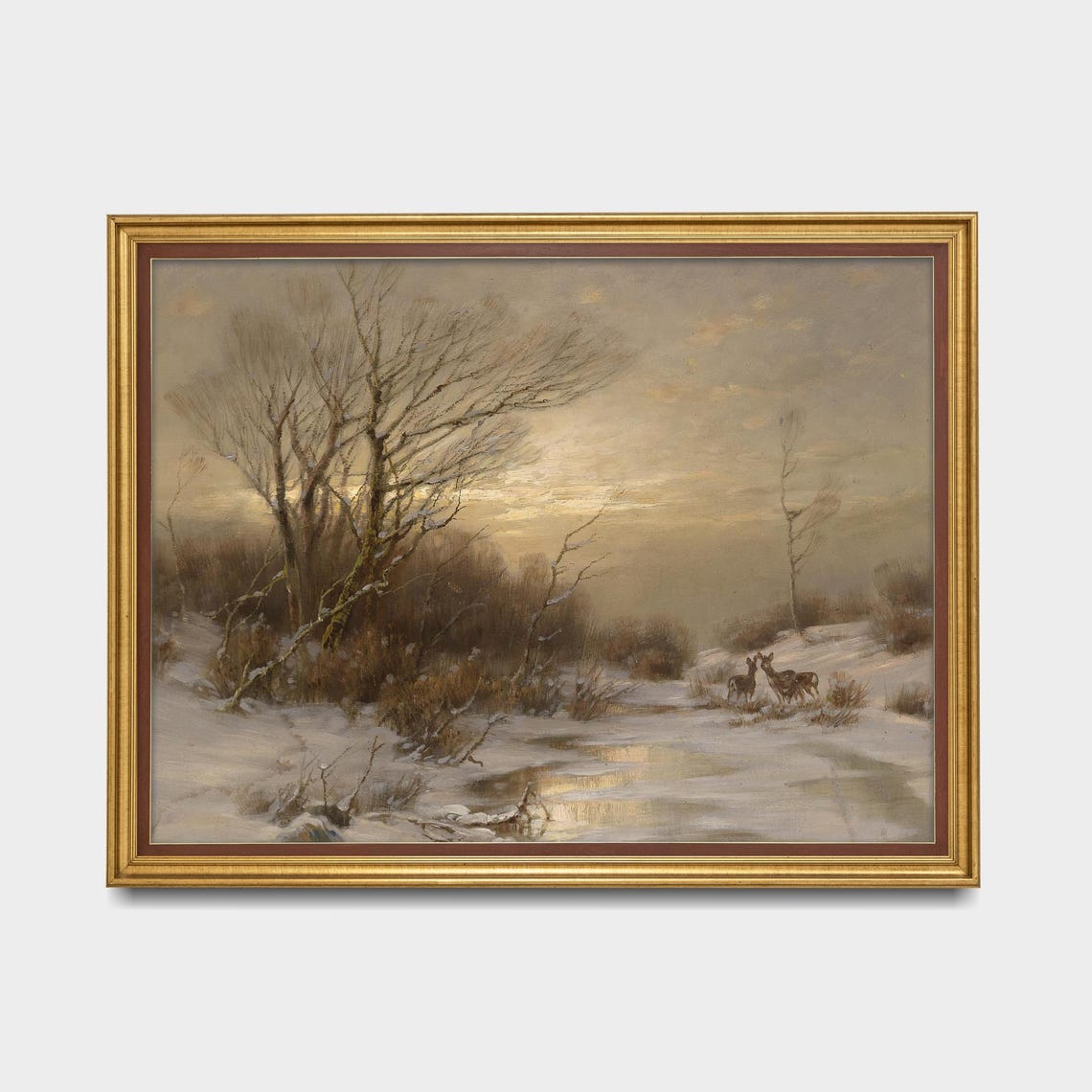 Deer by a Frozen Stream in a Snowy Winter Landscape Vintage Poster - Image 5