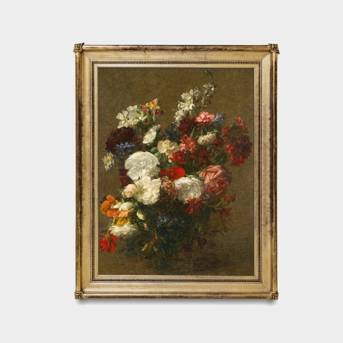 Loose Bouquet of Mixed Garden Flowers Roses on Dark Ground Oil Print - Image 3