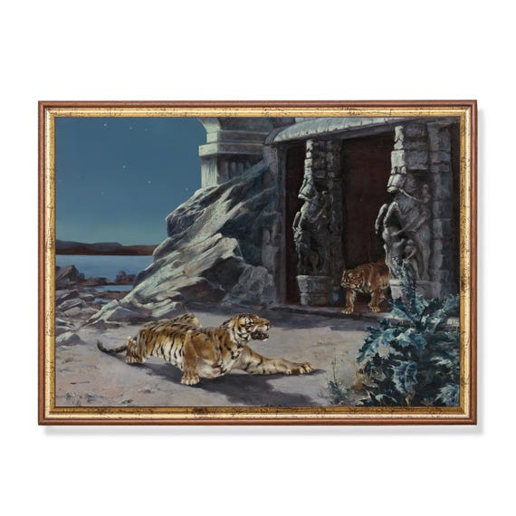 Printed And Shipped Tiger Painting Vintage Wall Art Moody Rustic Art Tigers In Landscape Farmhouse Decor Animal Lover Gift