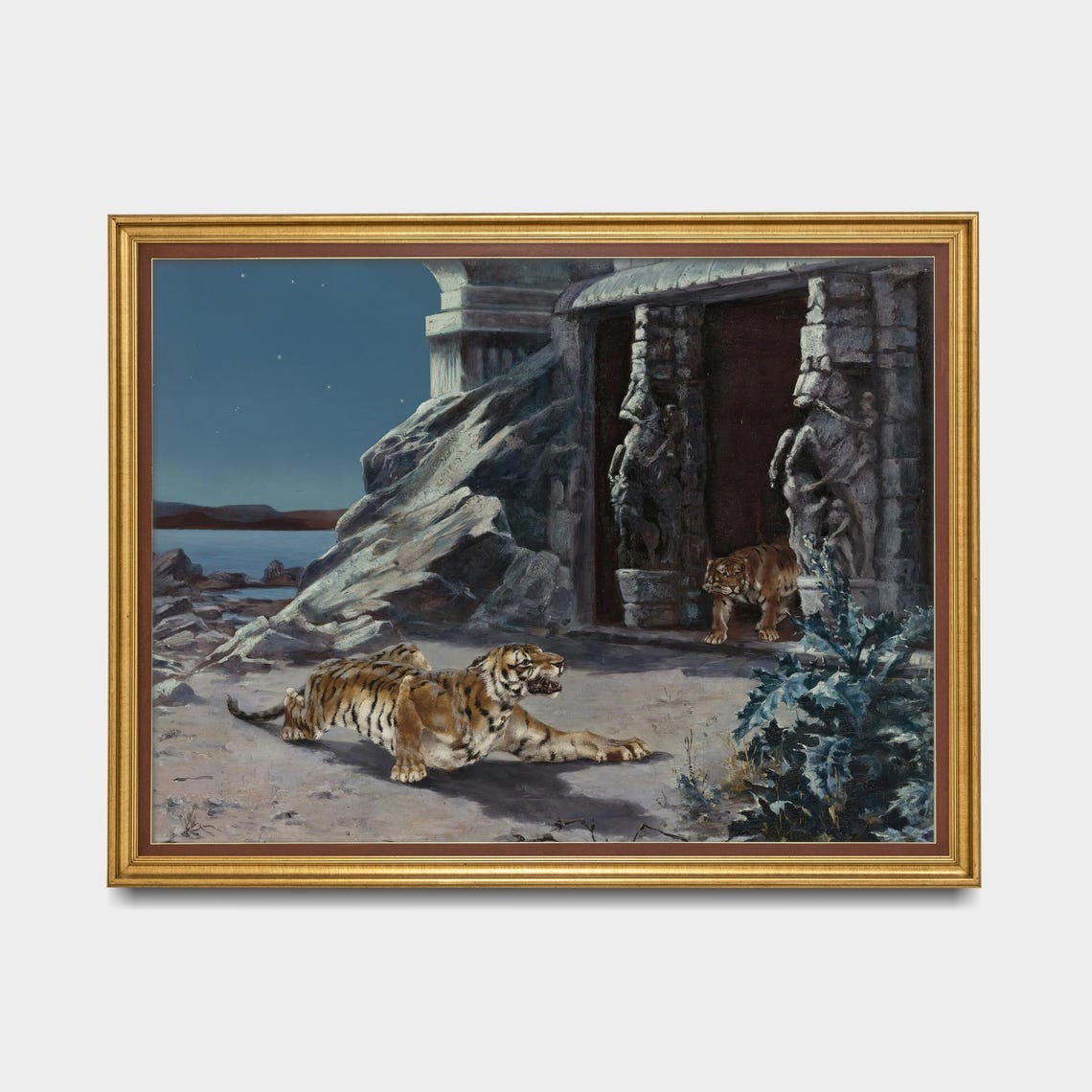 Two Tigers Prowling at an Ancient Temple by Moonlight Poster - Image 5