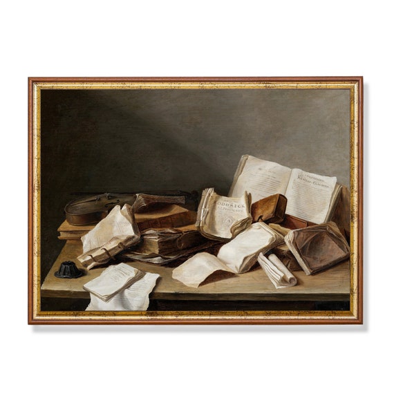 Still Life With Books And Violin Vintage Painting Antique Moody Print Wall Art 18th Century Fine Art