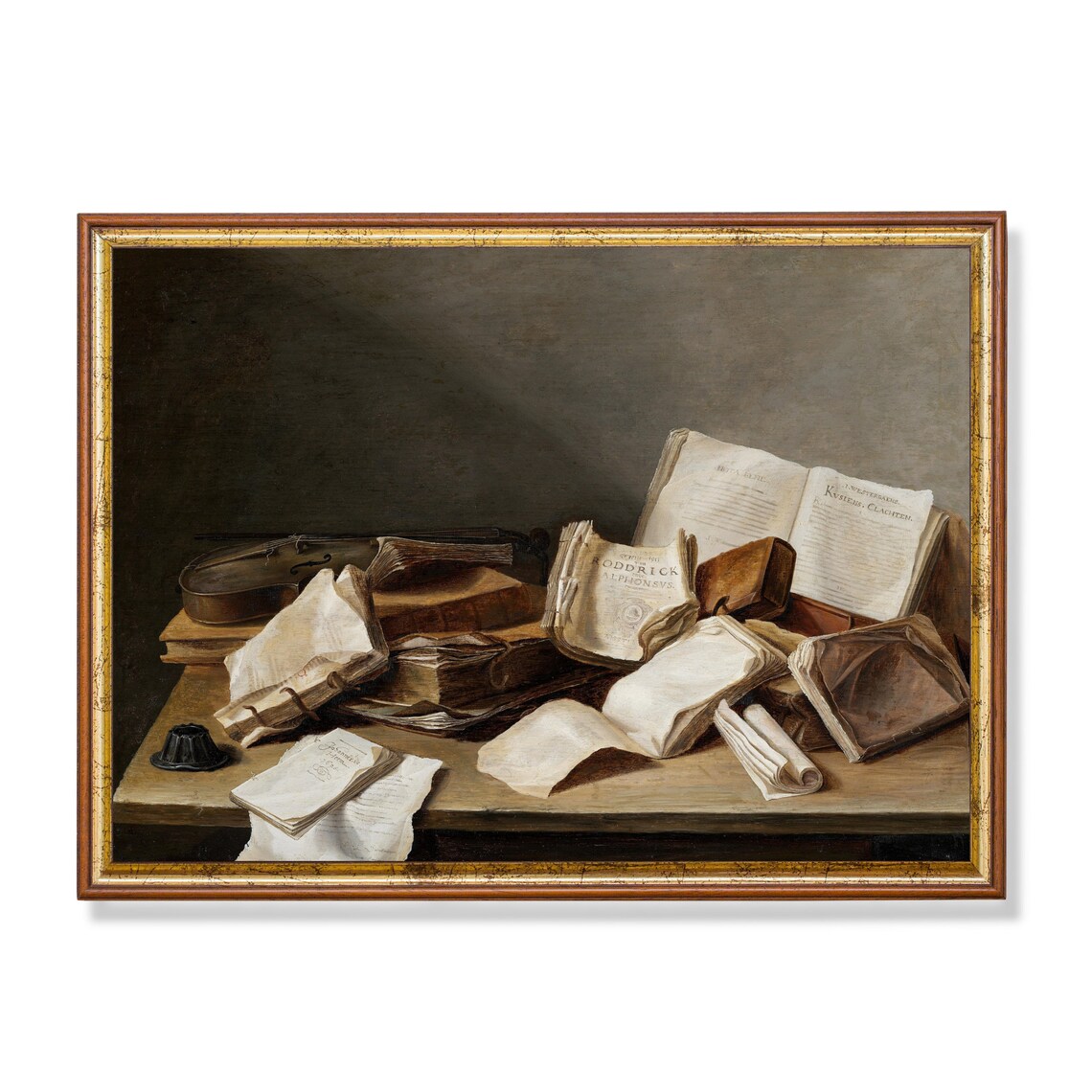 Still Life With Books and Violin, Vintage Art Print