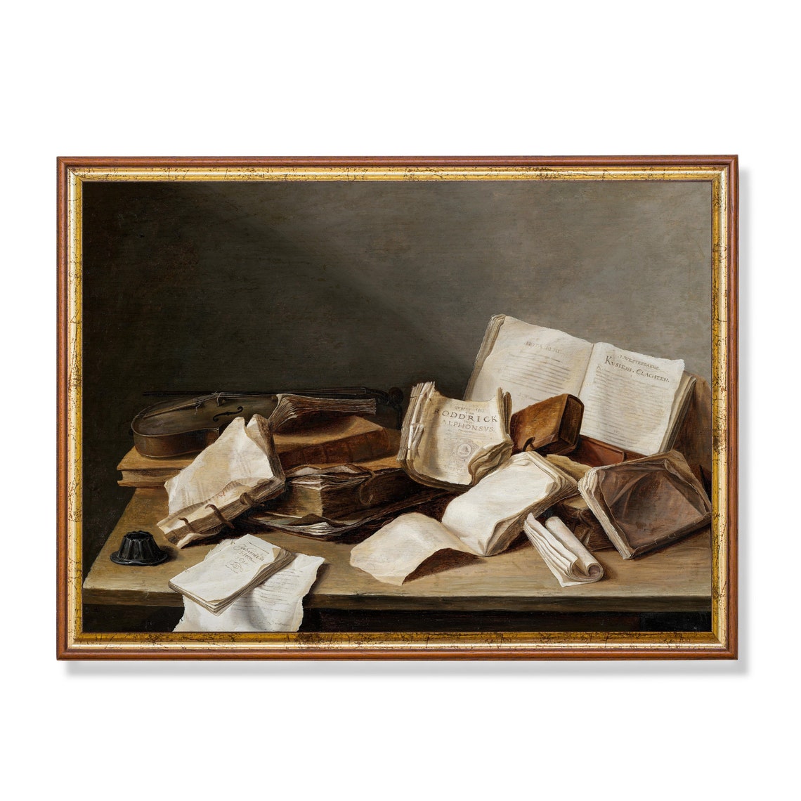 Vanitas Still Life with Antique Books and a Violin Oil Painting Print