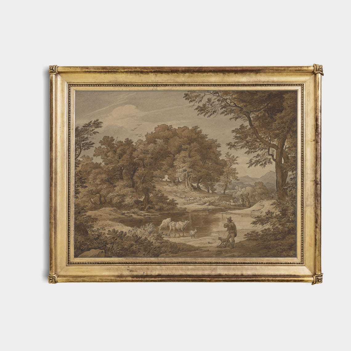 Herdsman with Cattle at a Woodland Pond Vintage Sepia Sketch Poster - Image 4