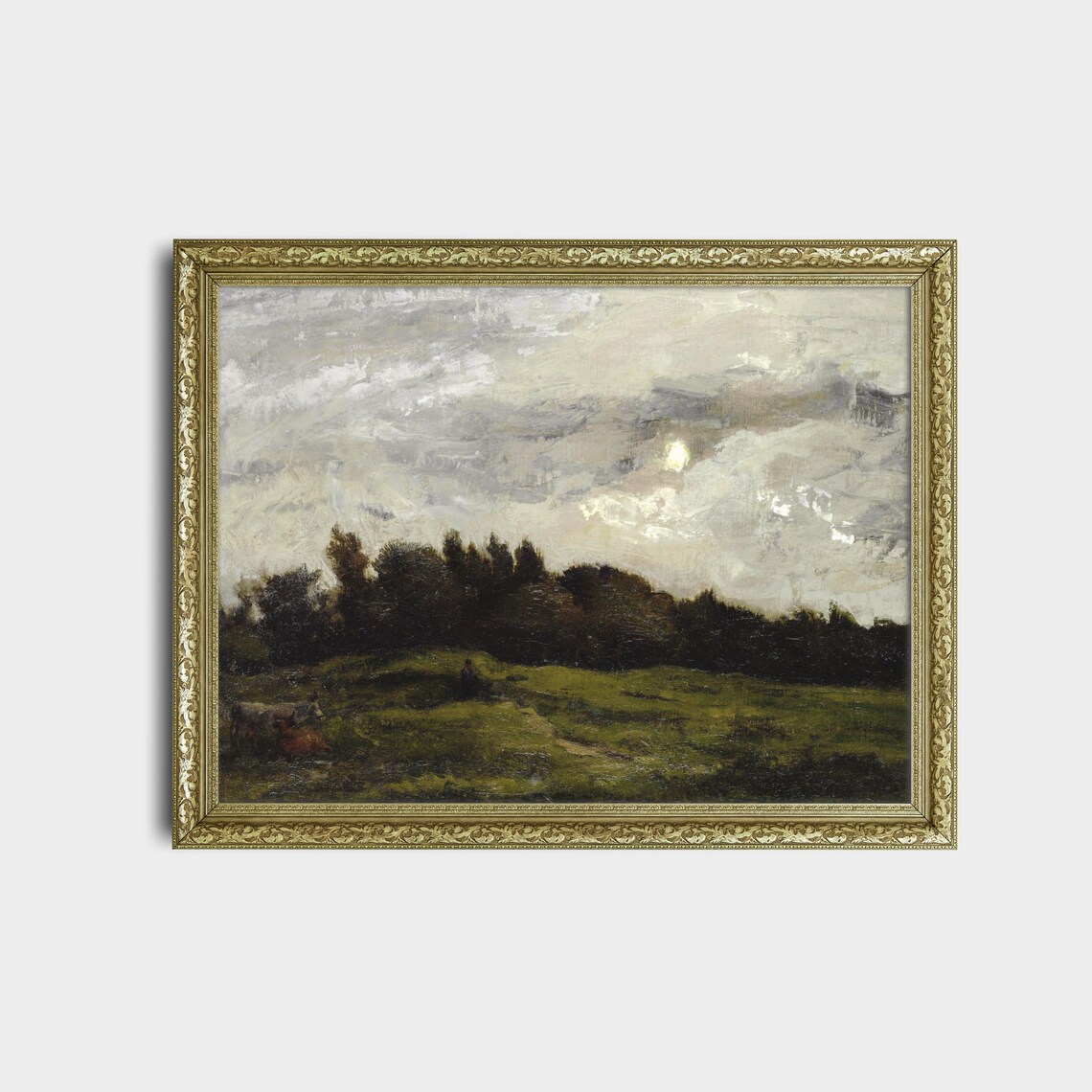 Moonlit Meadow with Cows Moody Antique Country Landscape Poster - Image 2