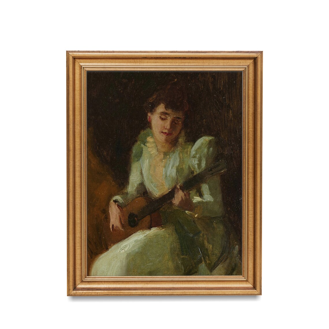 Woman in Green Dress Playing Guitar Moody Vintage Music Art Portrait Poster - Image 2