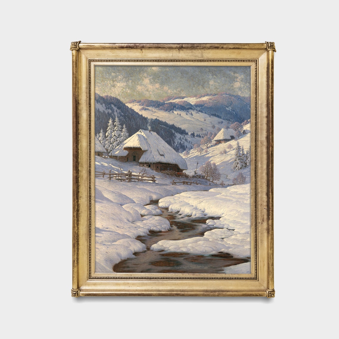 Snowy Mountain Village with Thatched Cottages and Stream Poster - Image 3