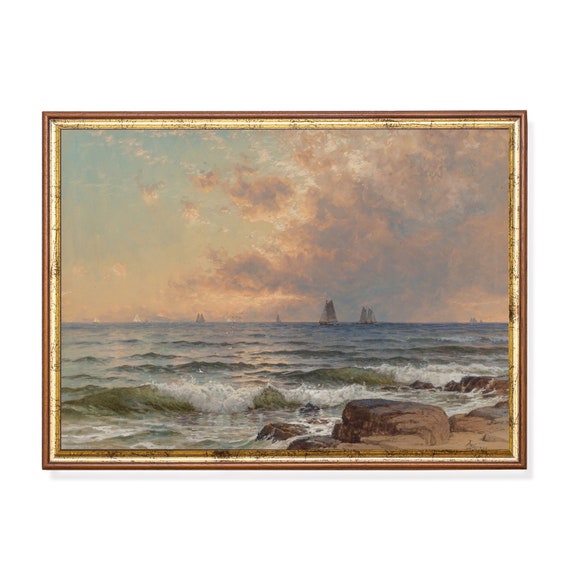 Mailed Print Vintage Sailing Ship Painting Antique Ocean Beach Print Moody Rustic Seascape Nautical Decor Print And Ship