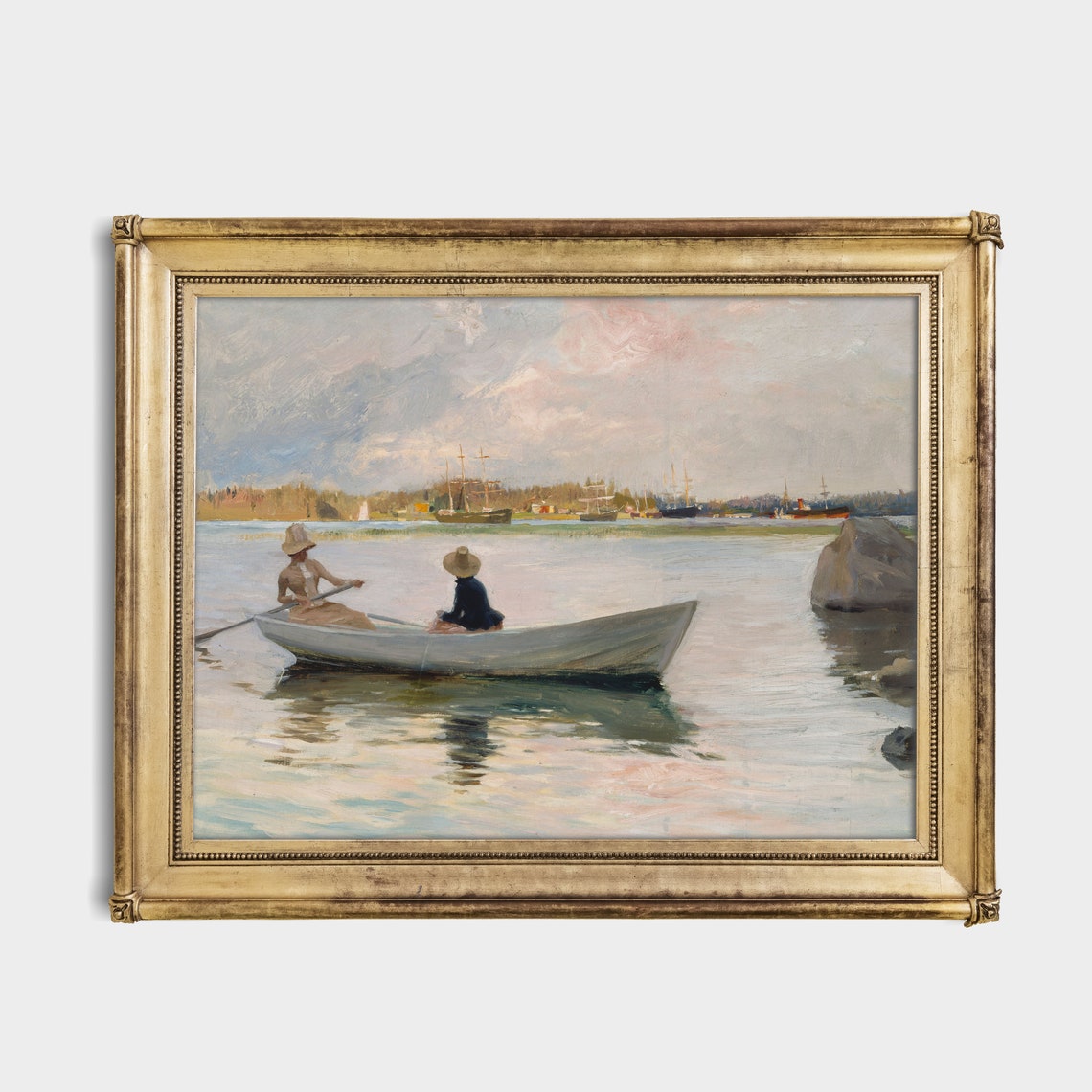 Two Women Rowing Boat Calm Lake Tall Ships Vintage Boating Poster - Image 3