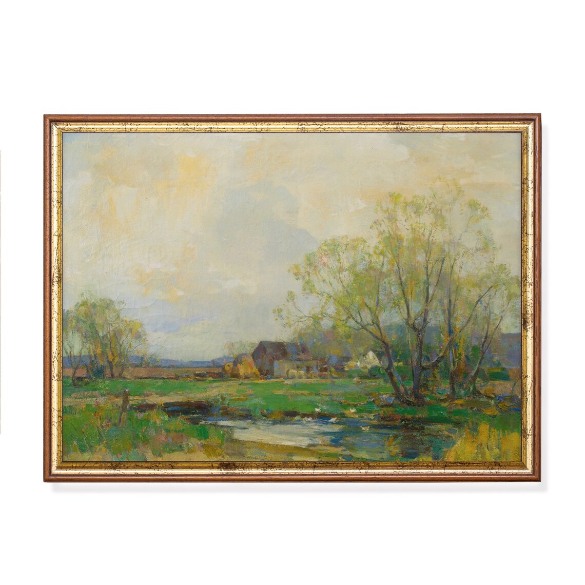 Vintage Riverscape Landscape Art Print, Antique Meadow