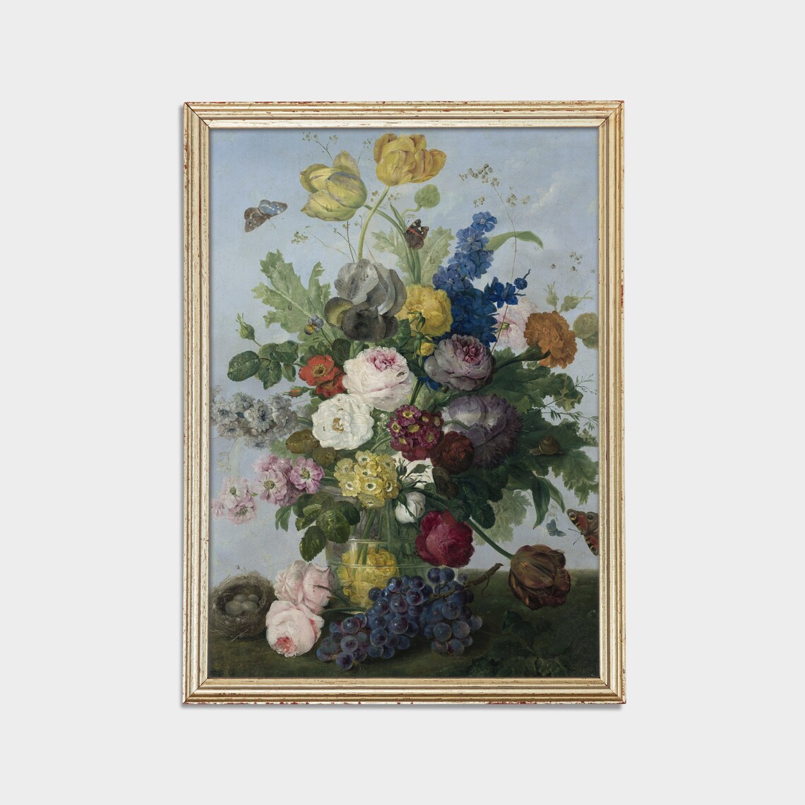 Vintage Dutch Floral Bouquet Still Life With Grapes and Birds Poster - Image 3