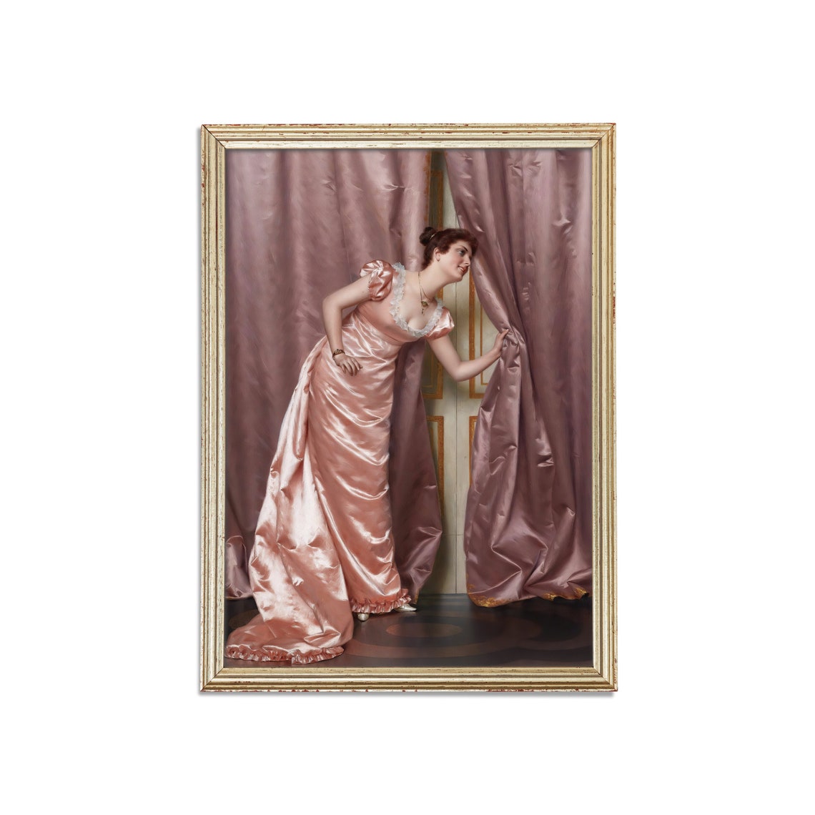 Elegant Woman in Pink Satin Gown Peeking Behind Curtains Poster - Image 5