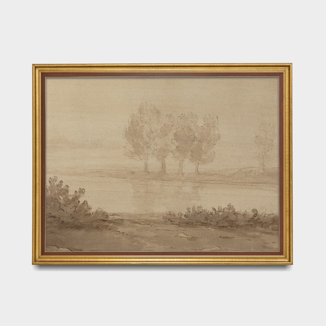 Soft Neutral Landscape Sketch With Trees by a Quiet River Poster - Image 3
