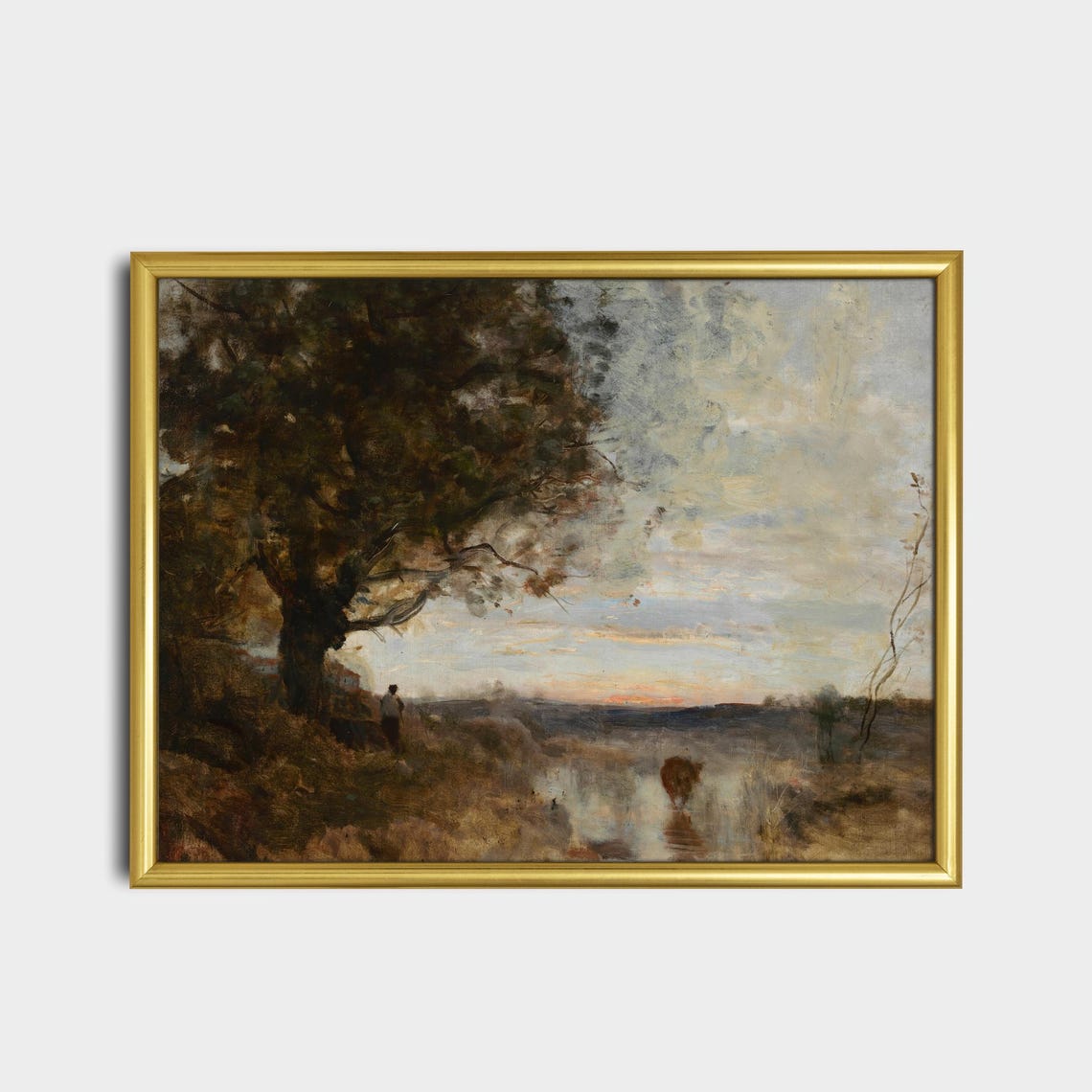 Soft Sunrise over a Misty Moor with Cow and Figure Rustic Poster - Image 2