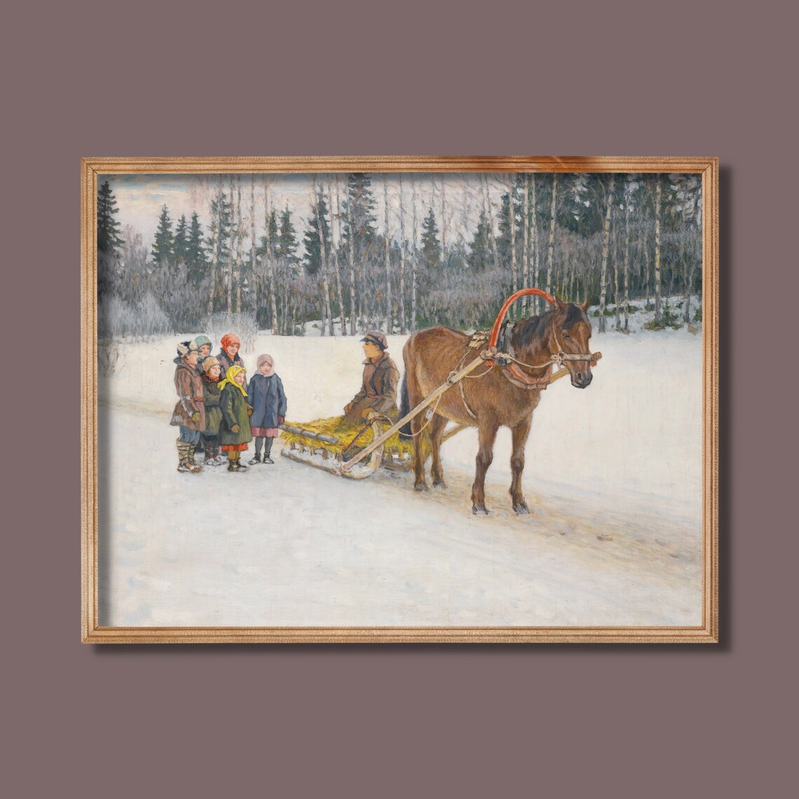 Sleigh Ride With Children, Vintage Winter Art Print - Image 3