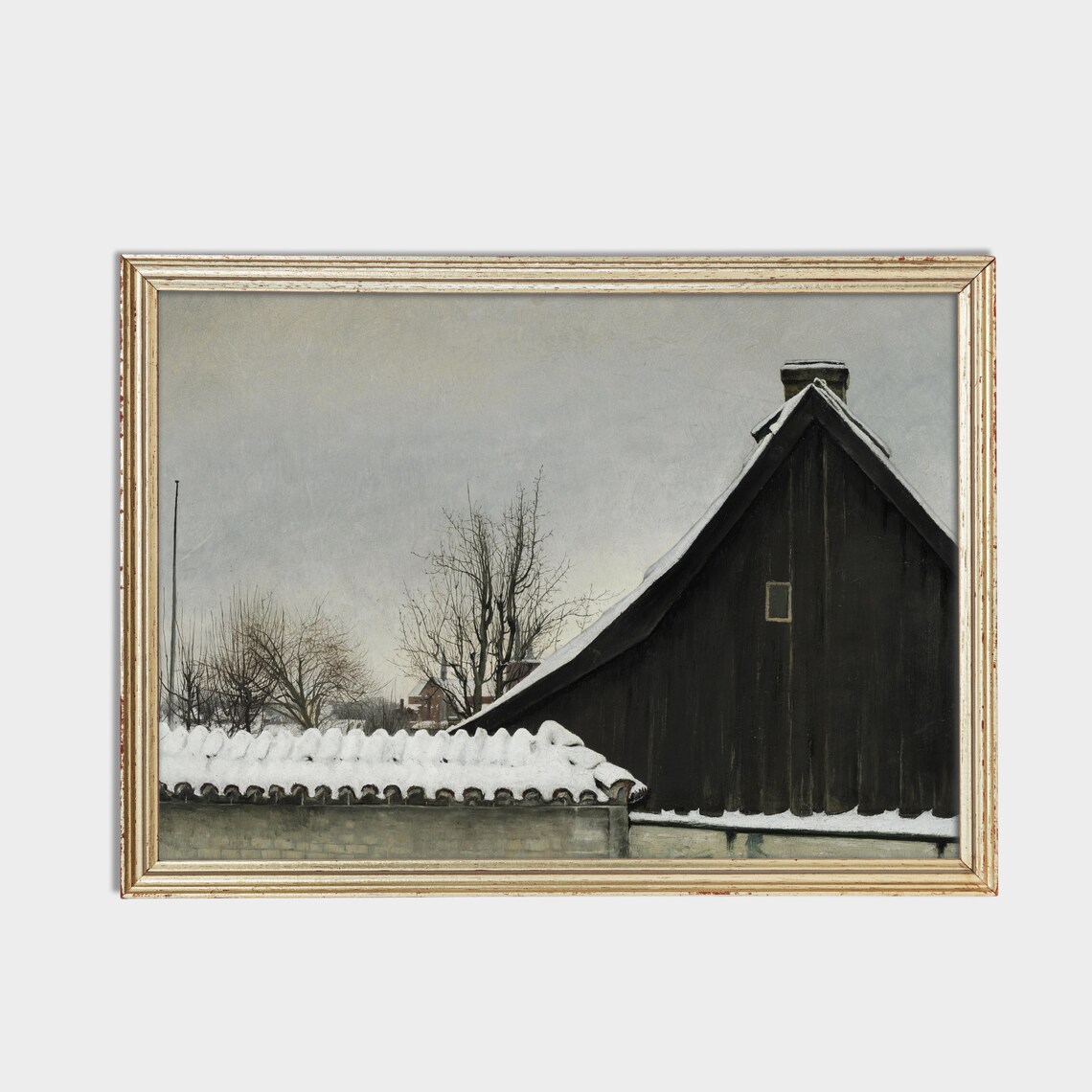 Dark Barn in Winter Snow Nordic Countryside Vintage Painting Poster - Image 2