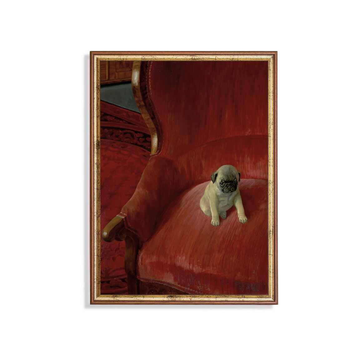 Vintage Pug Puppy Portrait Sitting Red Velvet Armchair Dog Art Poster