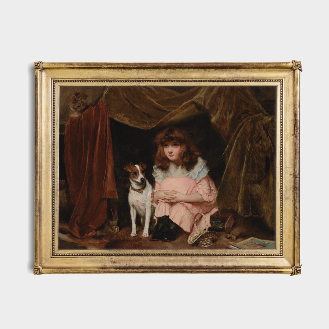 Girl in Pink Dress with Terrier Dog and Cat Vintage Portrait Print - Image 3