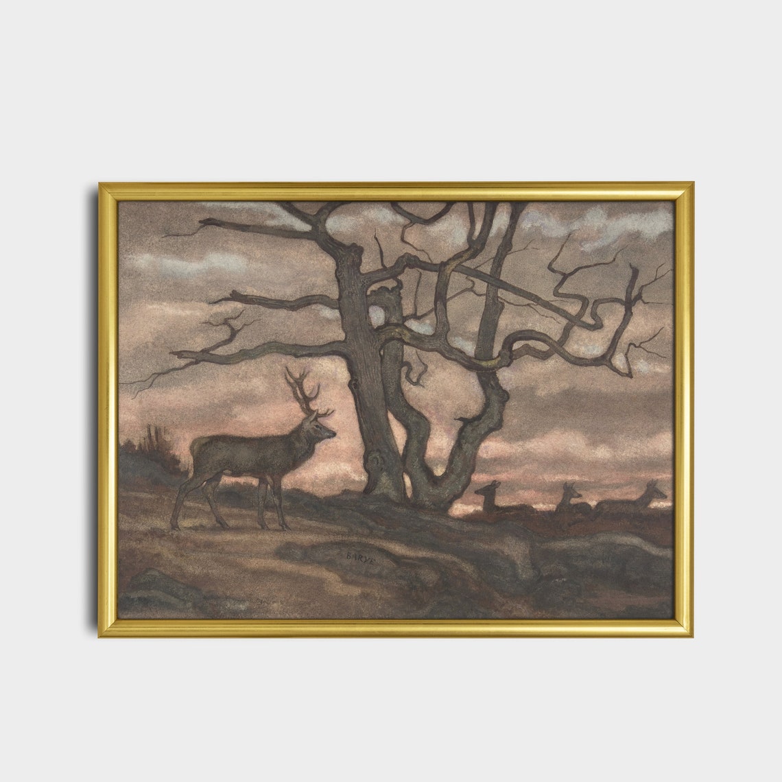 Stag By Gnarled Tree At Dusk Vintage Rustic Deer Painting Poster - Image 5