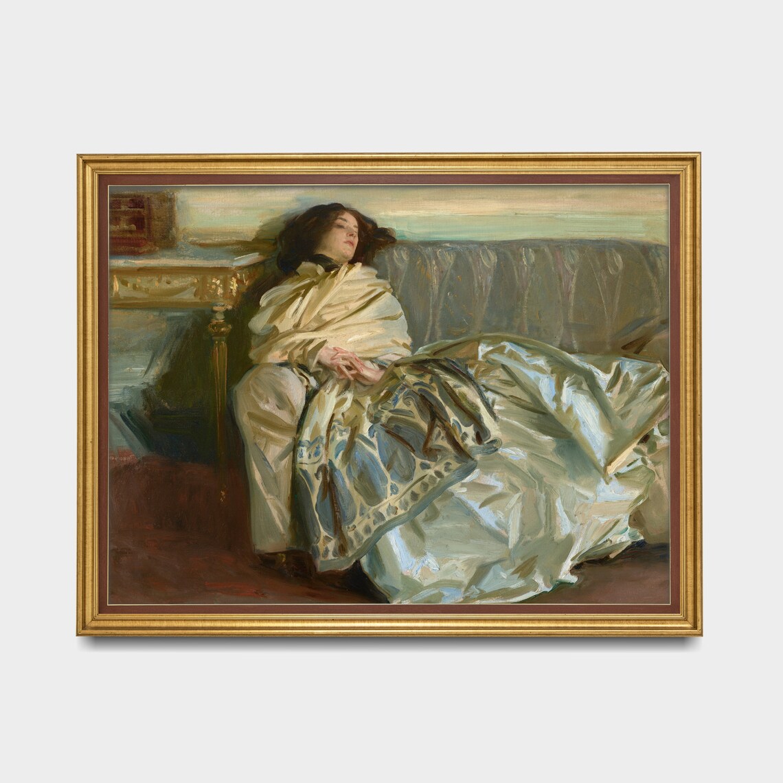 Woman Resting Asleep on a Sofa in a Flowing Silk Gown Poster - Image 3