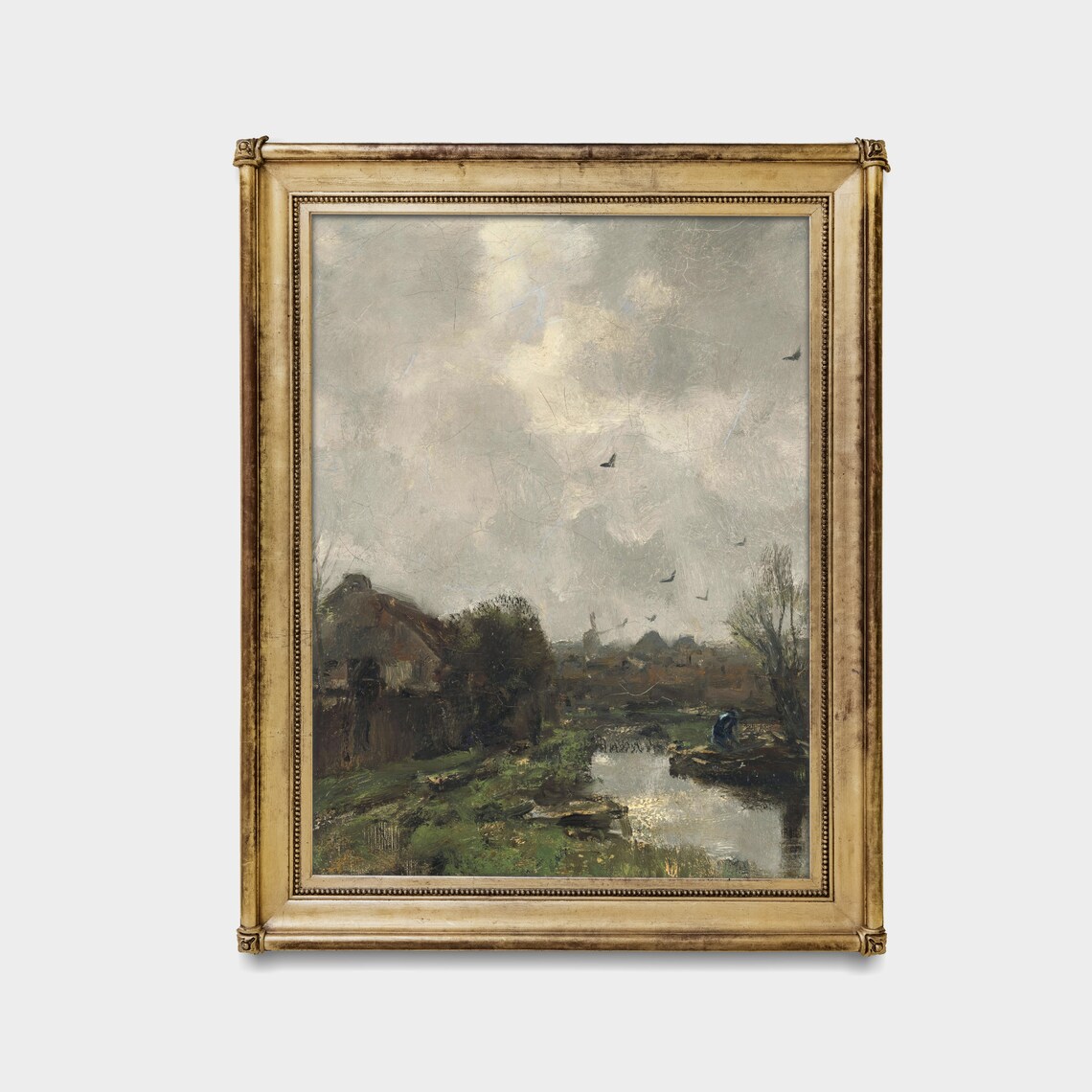 Moody Countryside Cottage Pond Oil Painting with Birds Poster - Image 4
