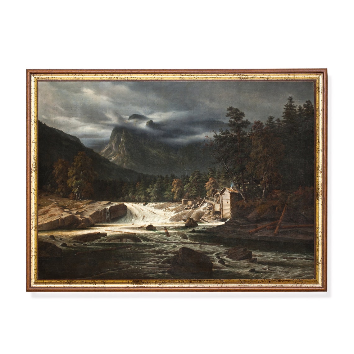 Mountain Waterfall with a Log Cabin Under Dark Storm Clouds Poster