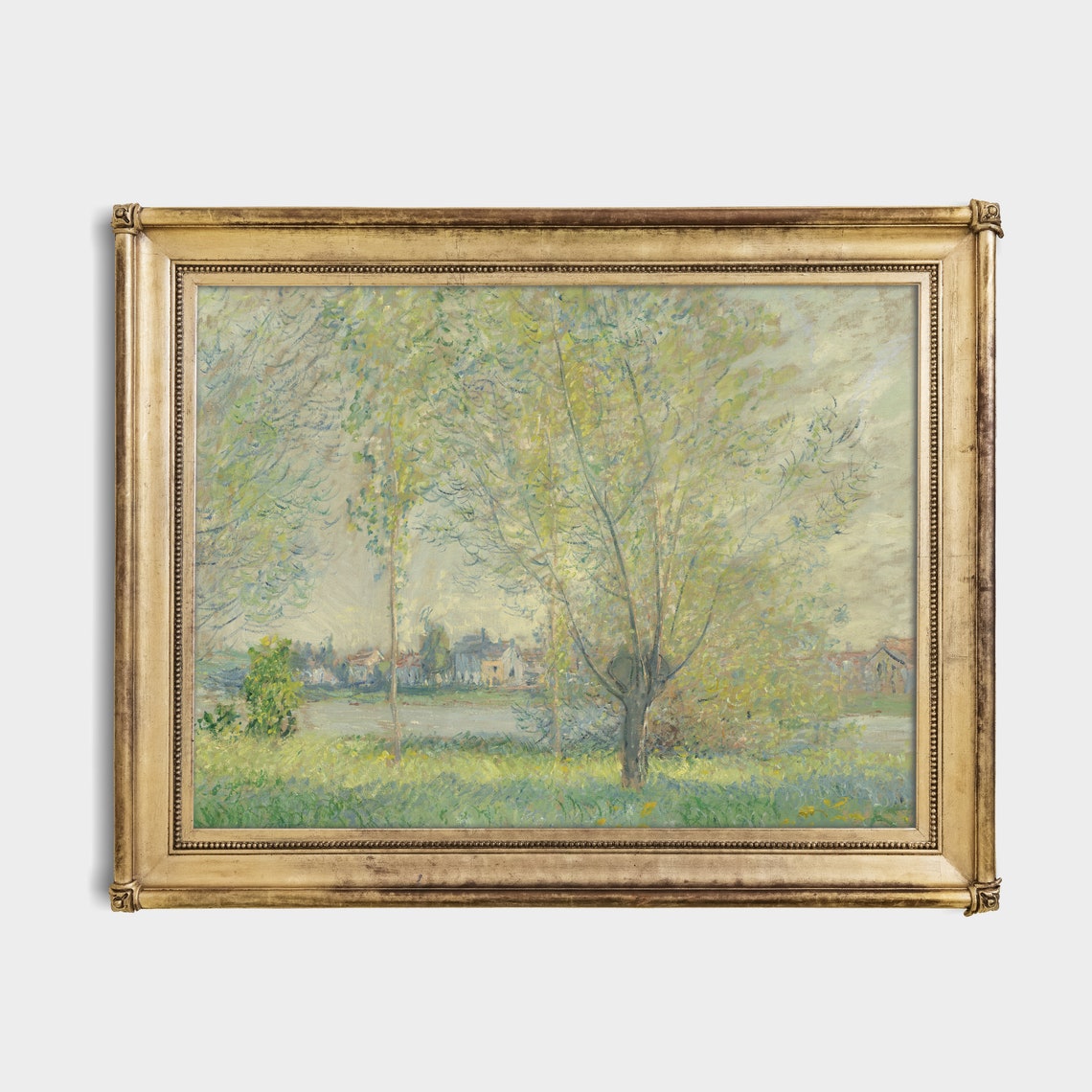 Spring Riverside with Young Trees and Village Impressionist Poster - Image 2