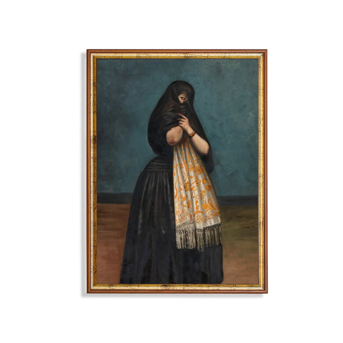 Veiled Woman in a Black Lace Mantilla with Fringed Shawl Poster