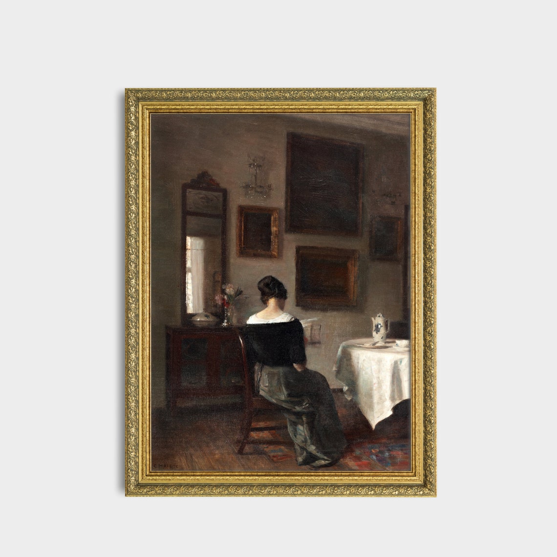 Woman Reading Alone in a Dim Interior Gallery Room Vintage Poster - Image 3