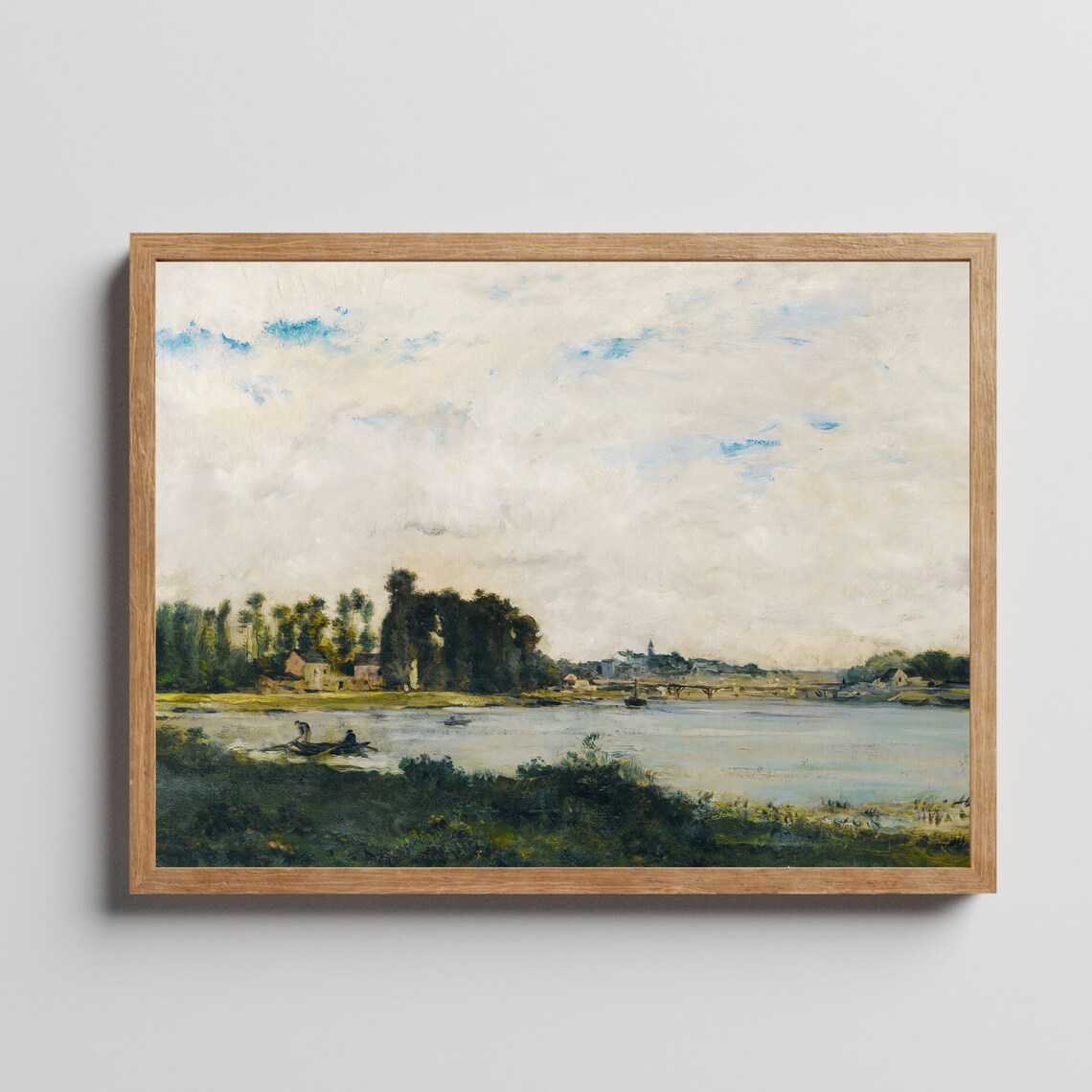 River Village with Rowboats Calm Water Antique Painting Poster - Image 2