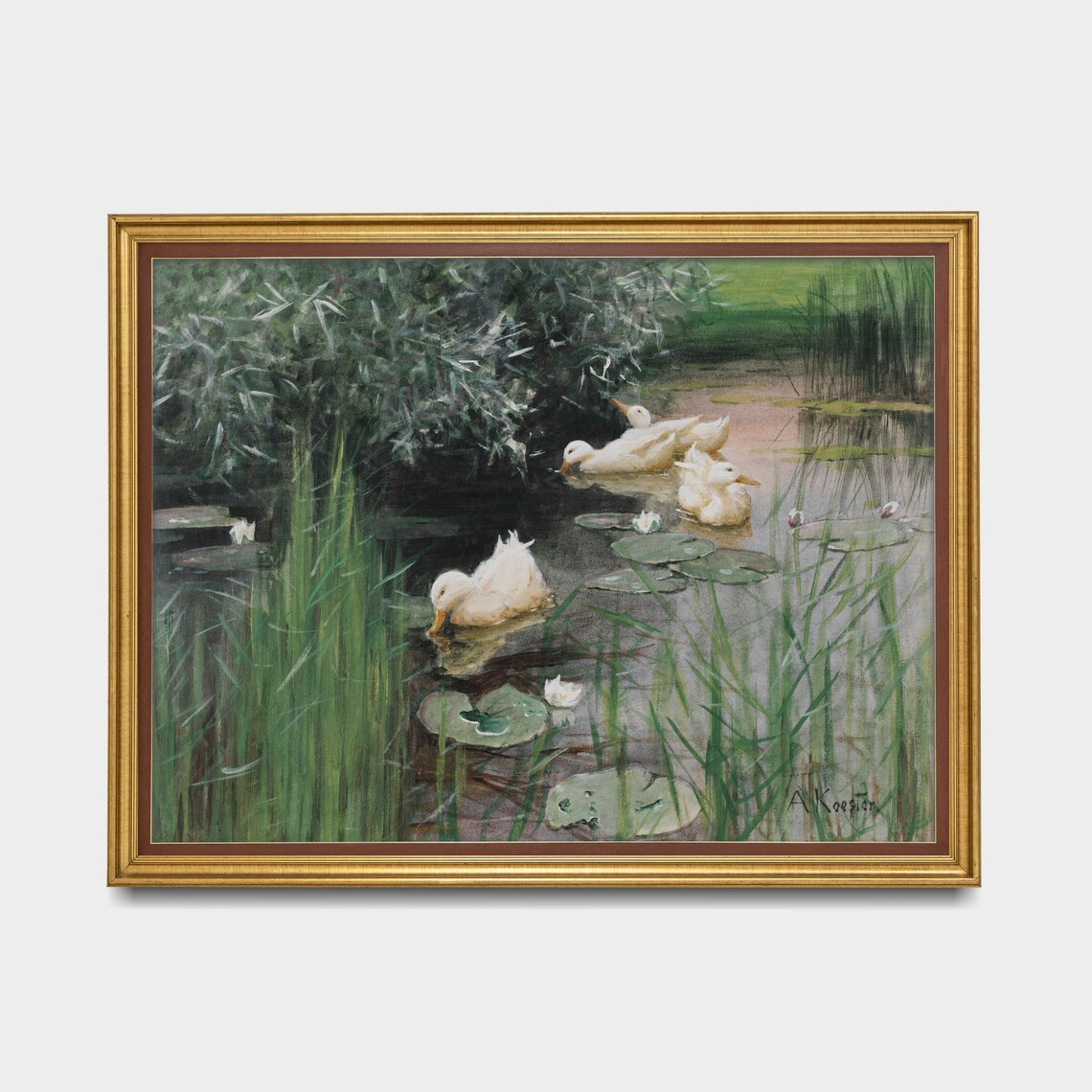 White Ducks in a Lily Pond Vintage Water Bird Painting Poster - Image 4