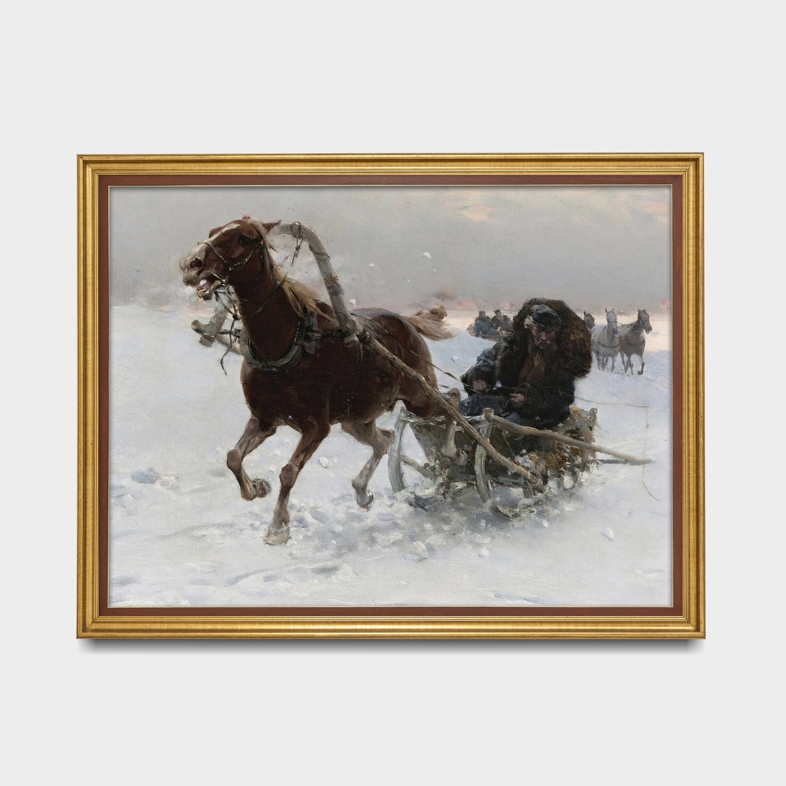 Horse-Drawn Sleigh Racing Across a Snowy Plain Winter Poster - Image 3